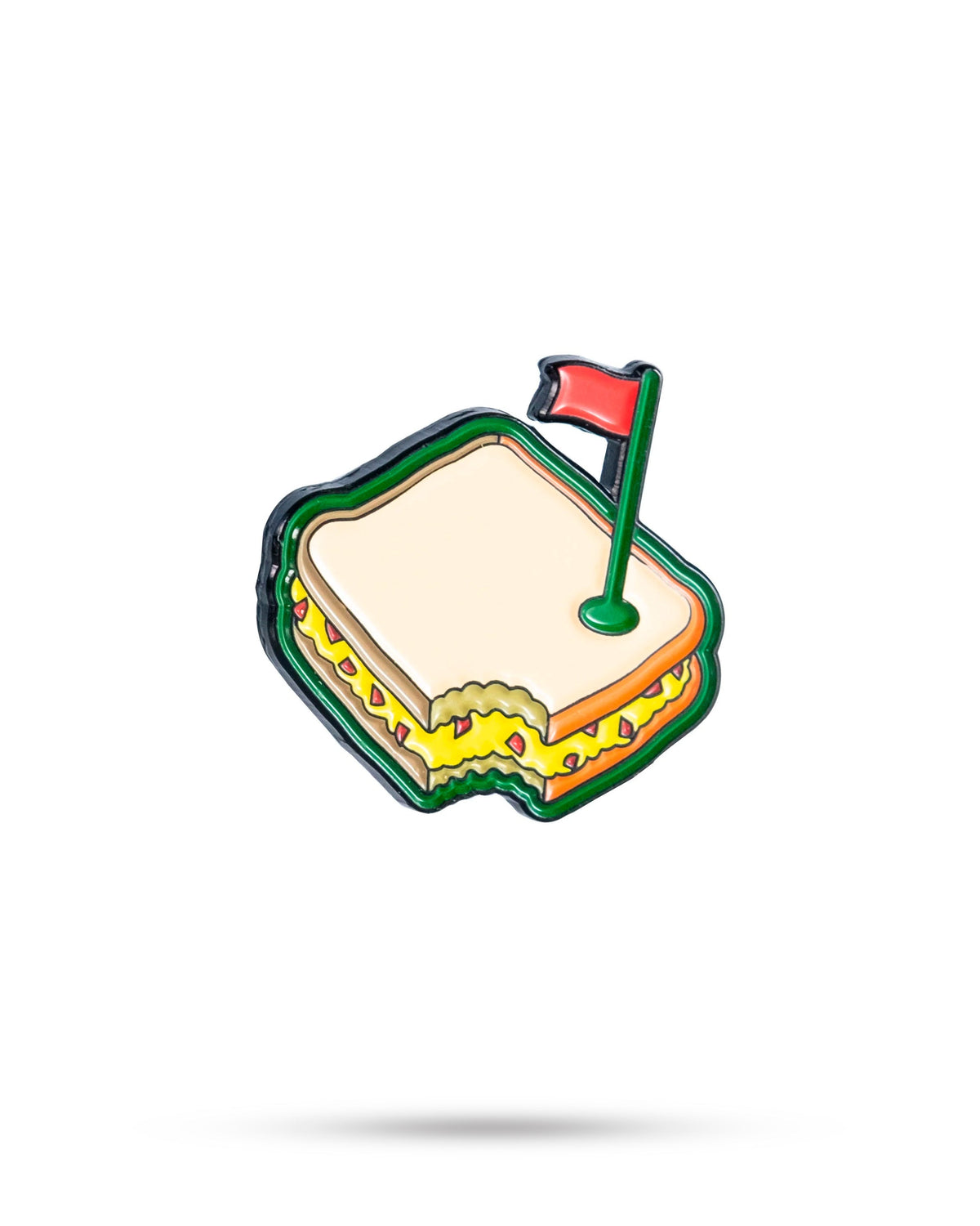 Pimento cheese sandwich ball marker featuring a vibrant graphic design, ideal for golf enthusiasts.