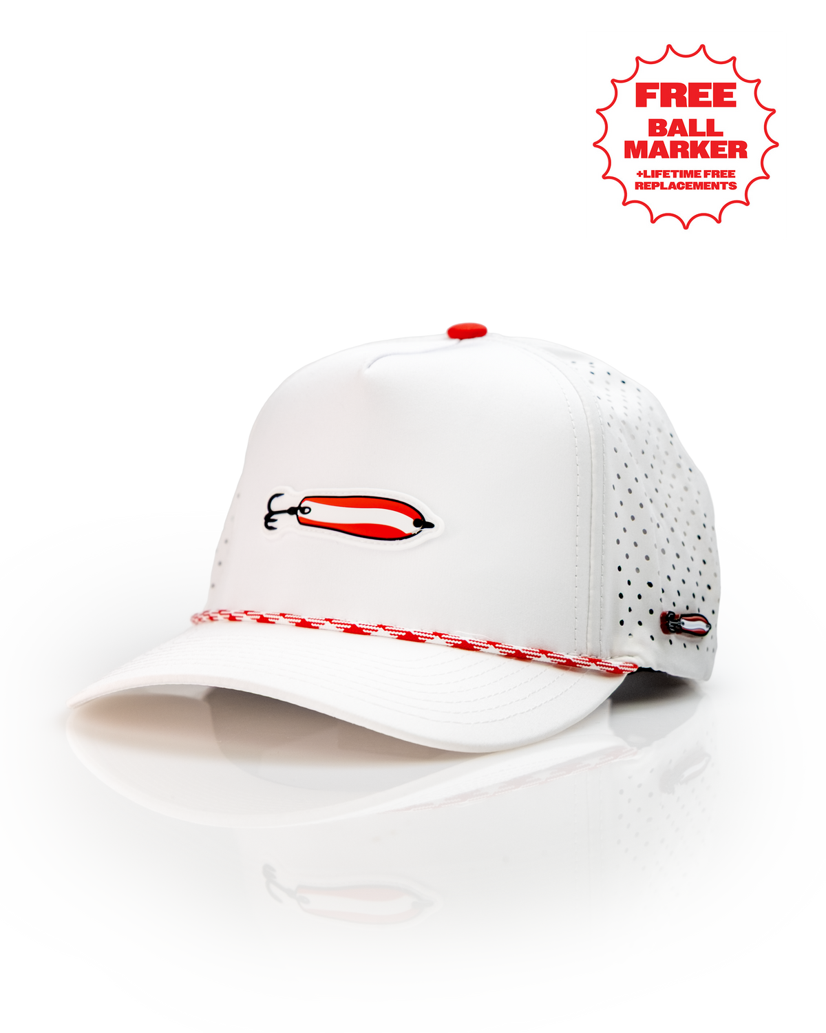 Dare Devil Spoon White perforated rope hat featuring a bold design and a free ball marker for golfers.