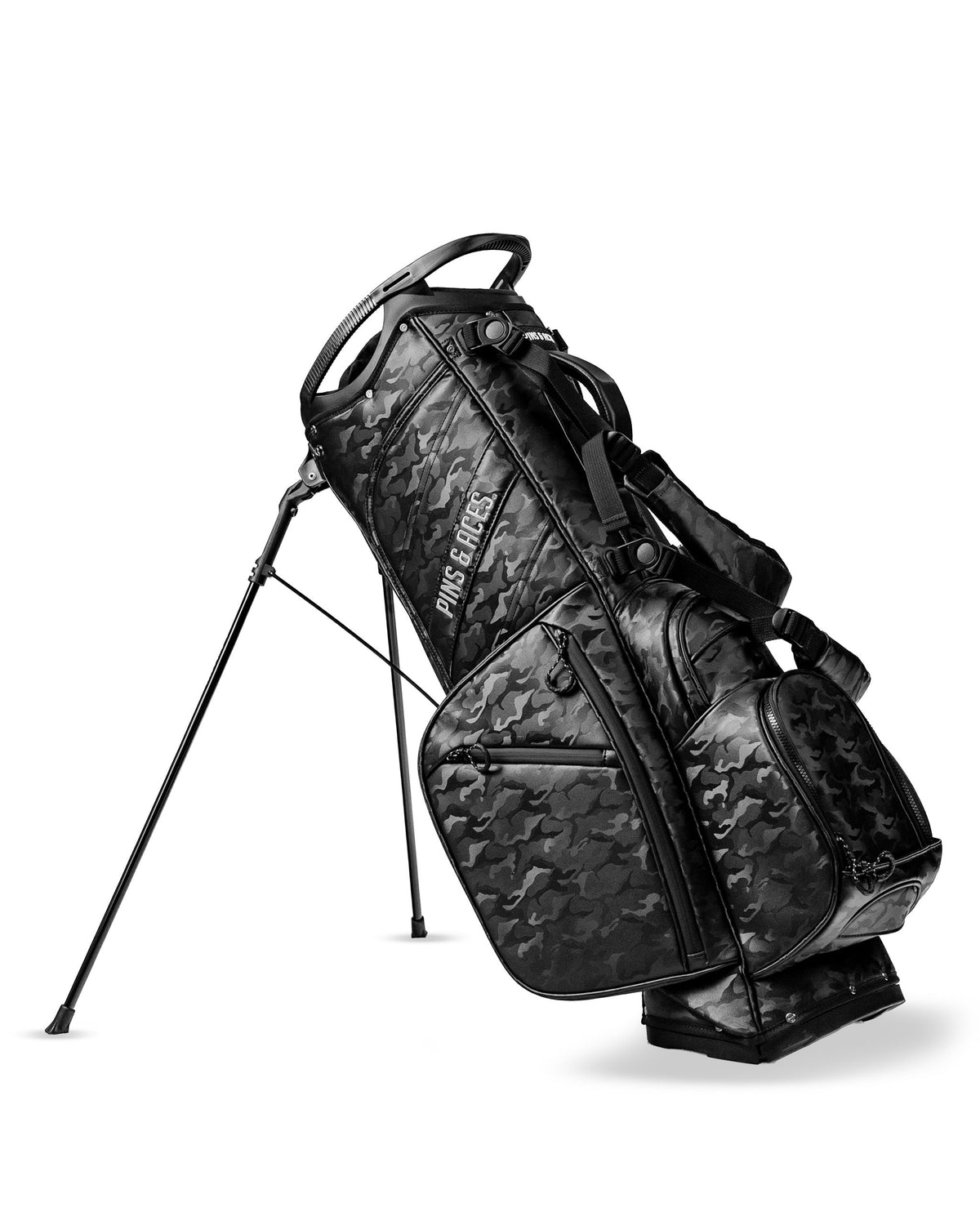 Player Preferred Golf Bag in black camo features a sleek design with multiple pockets and a sturdy stand for golfers.