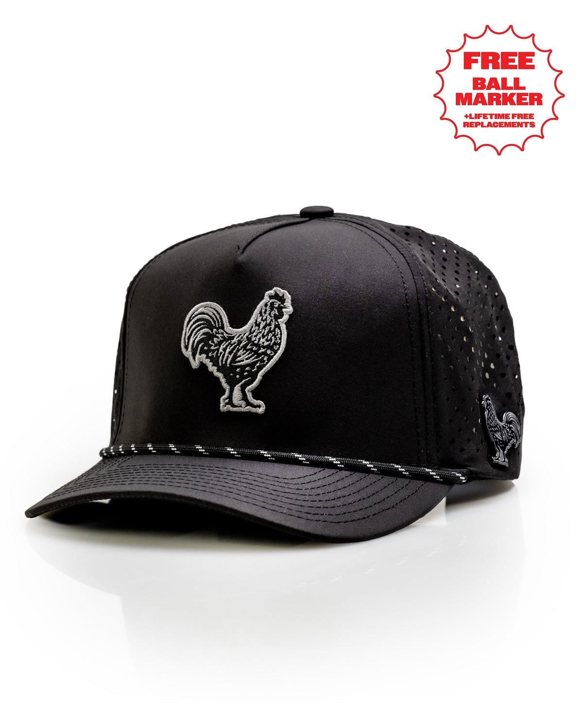 Black perforated rope hat featuring a rooster logo, designed for golfers seeking a bold and stylish accessory.