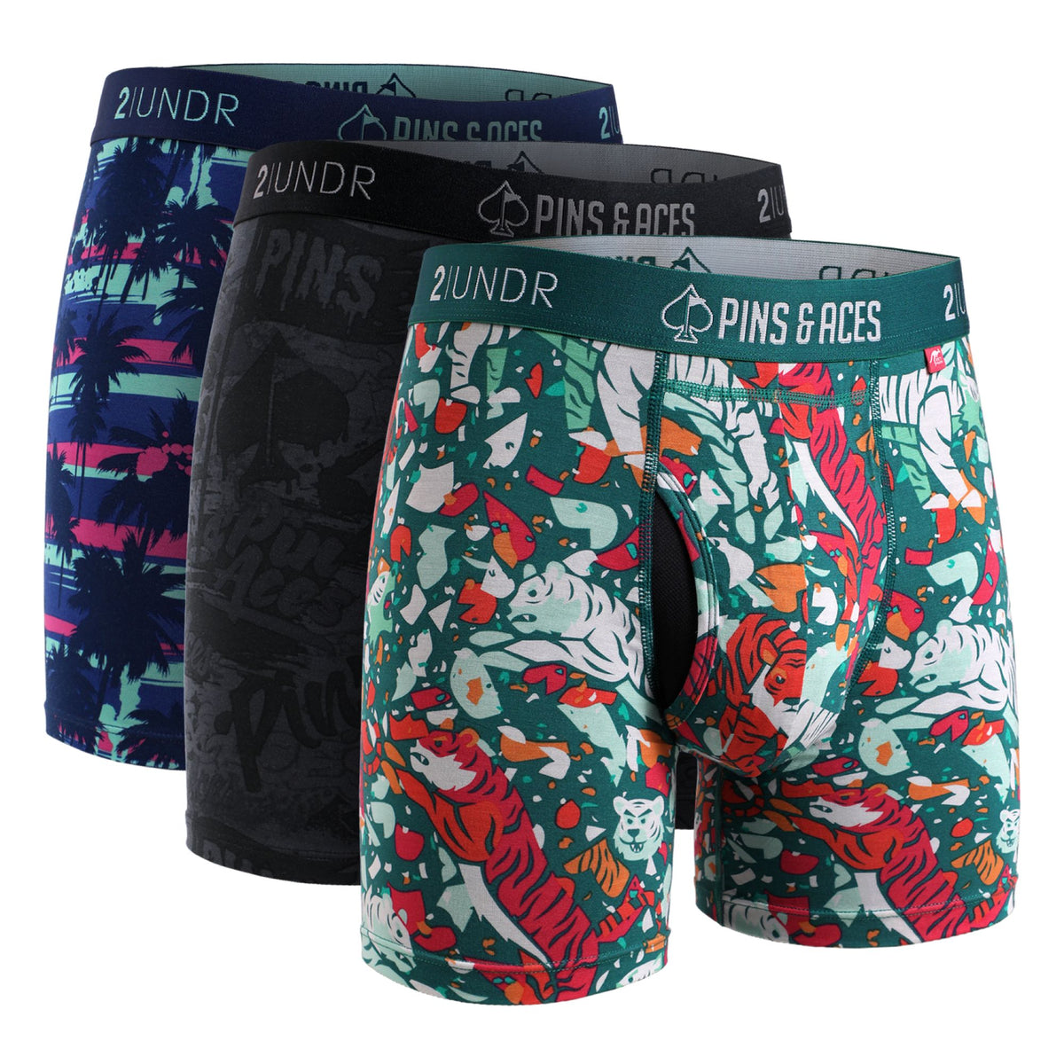 2UNDR x P&A Swing Shift 6'' Box Briefs (3 Pack)- Graffiti Splatter, Tiger Shatter & Palm Drip