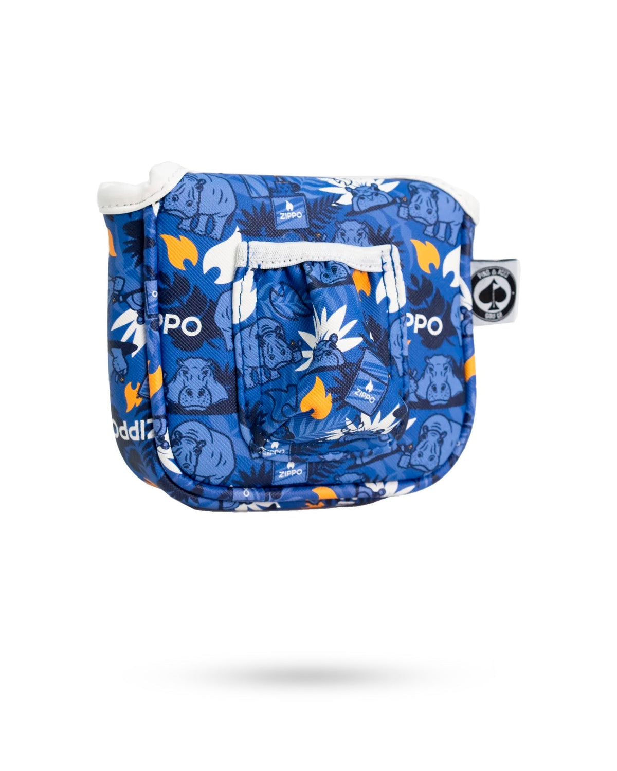 Blue Zippo mallet putter cover with cartoon animal and flame patterns, featuring zippered pocket and brand logo.