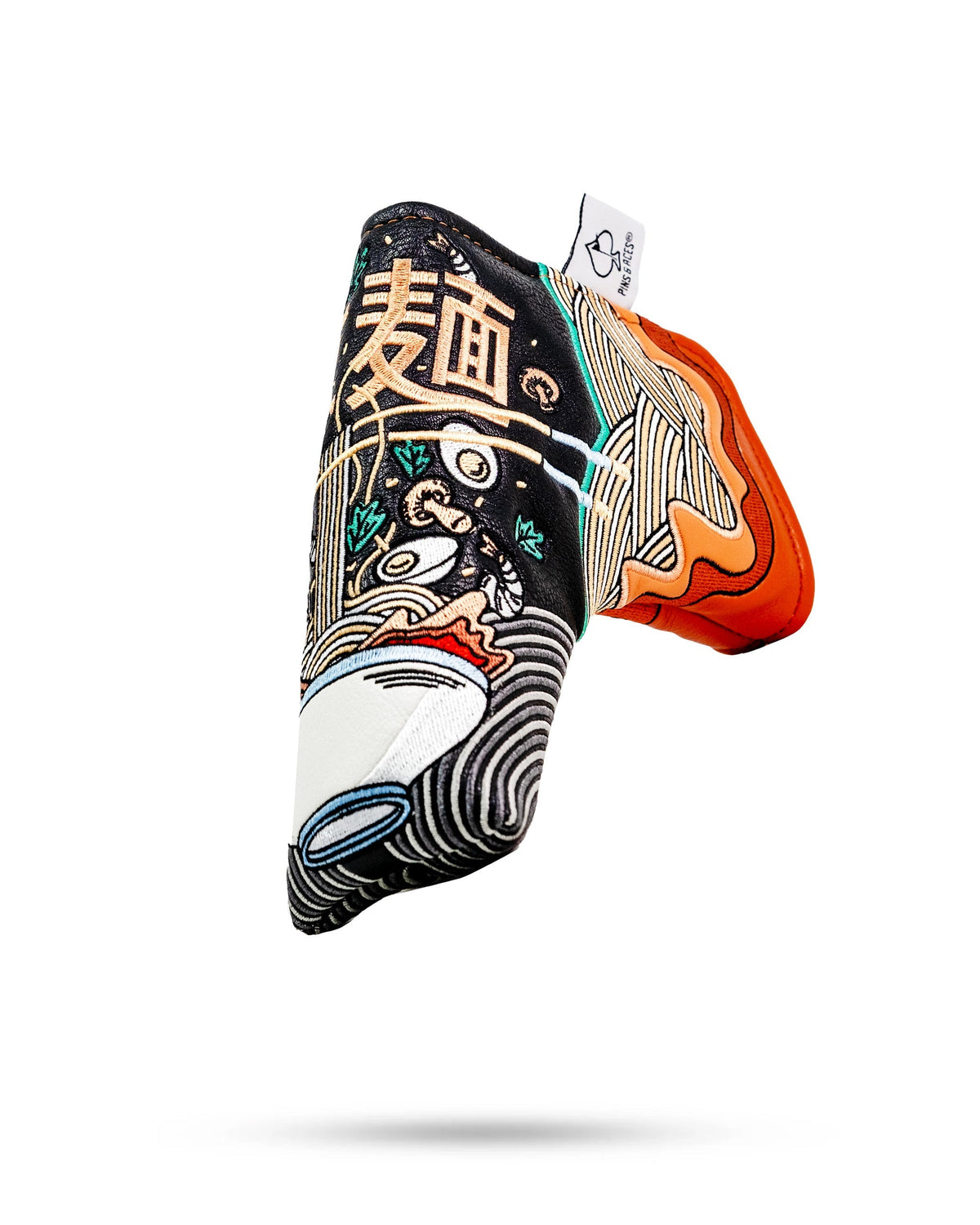 Colorful ramen-themed blade putter cover with intricate Asian-inspired illustrations and a protective orange interior.