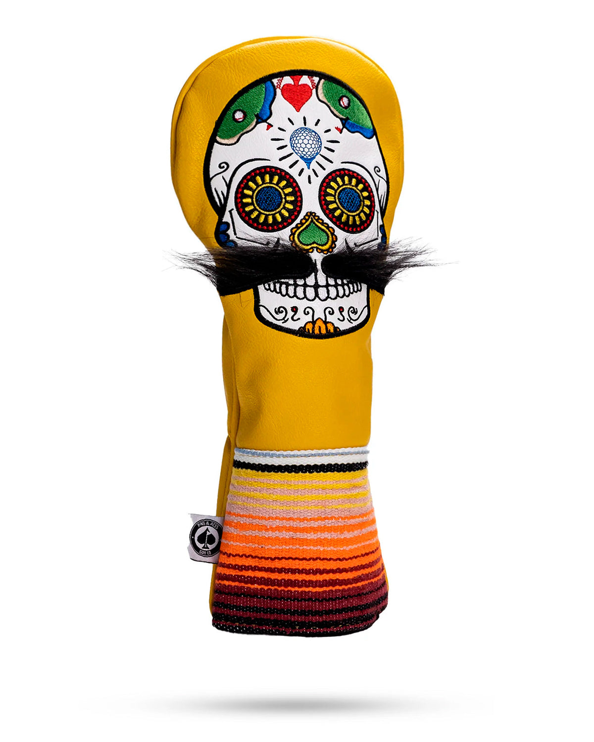 Bold yellow golf headcover featuring a sugar skull design with a mustache, perfect for adding flair on the course.