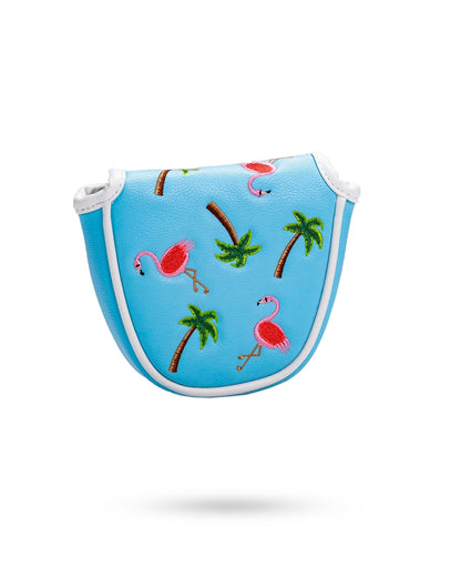 Vibrant blue mallet putter cover featuring embroidered dancing flamingos and palm trees for a fun golf accessory.