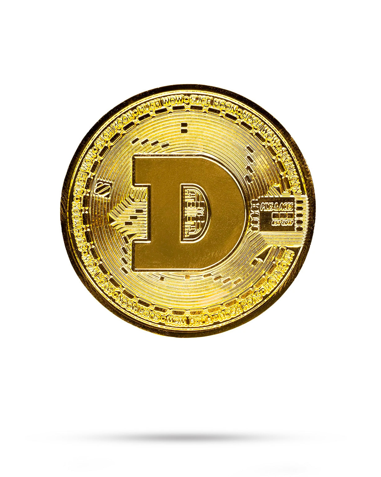 Gold Dogecoin ball marker featuring the iconic "D" logo, perfect for adding a fun touch to your golf game.