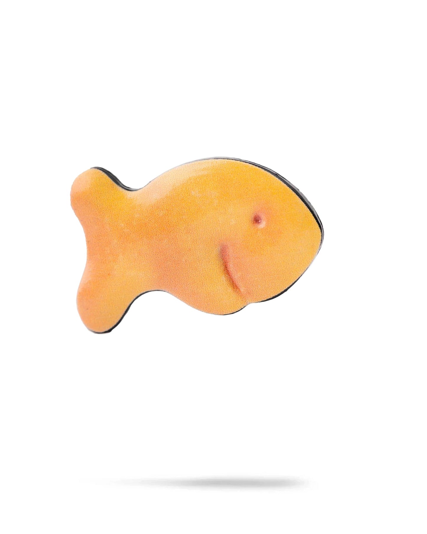 Bright orange fish-shaped ball marker with a smiling face, perfect for adding fun to your golf game.
