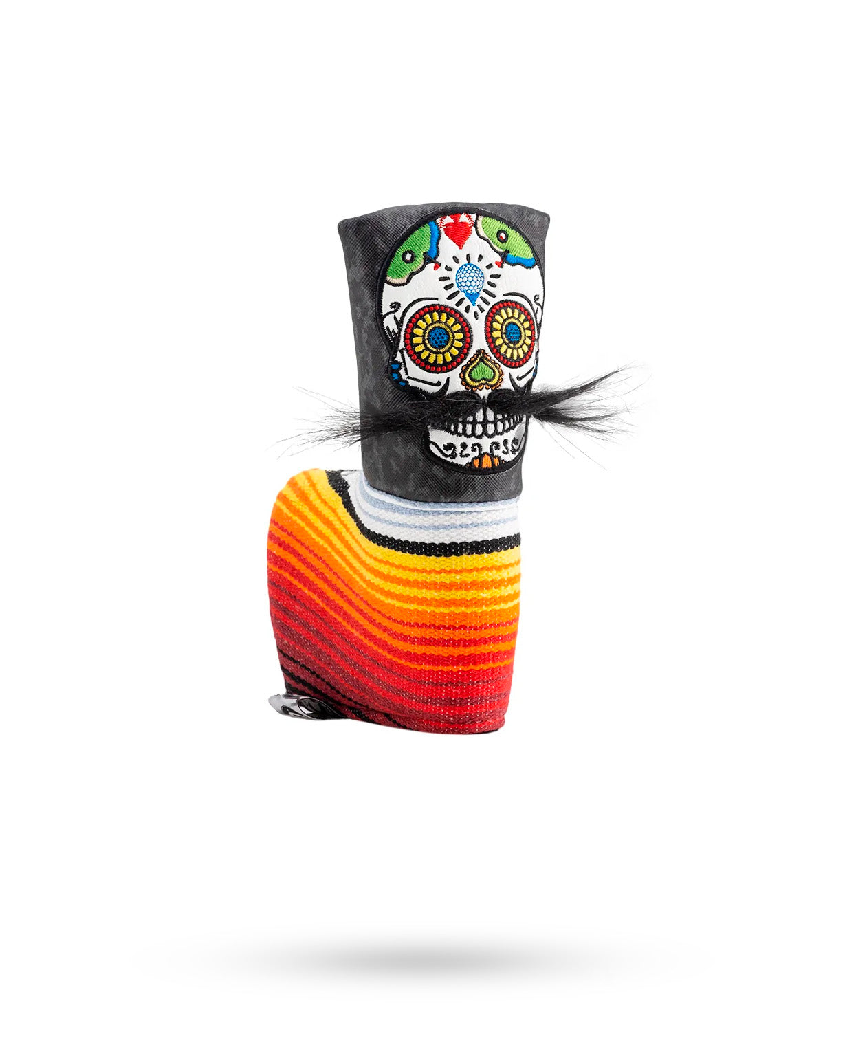 Mustache Sugar Skull Blade Putter Cover in gray camo pattern, featuring a detailed sugar skull design with a mustache.