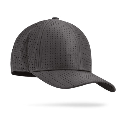 Gray perforated golf cap with curved brim, breathable design, and adjustable back strap for a bold, sporty look.