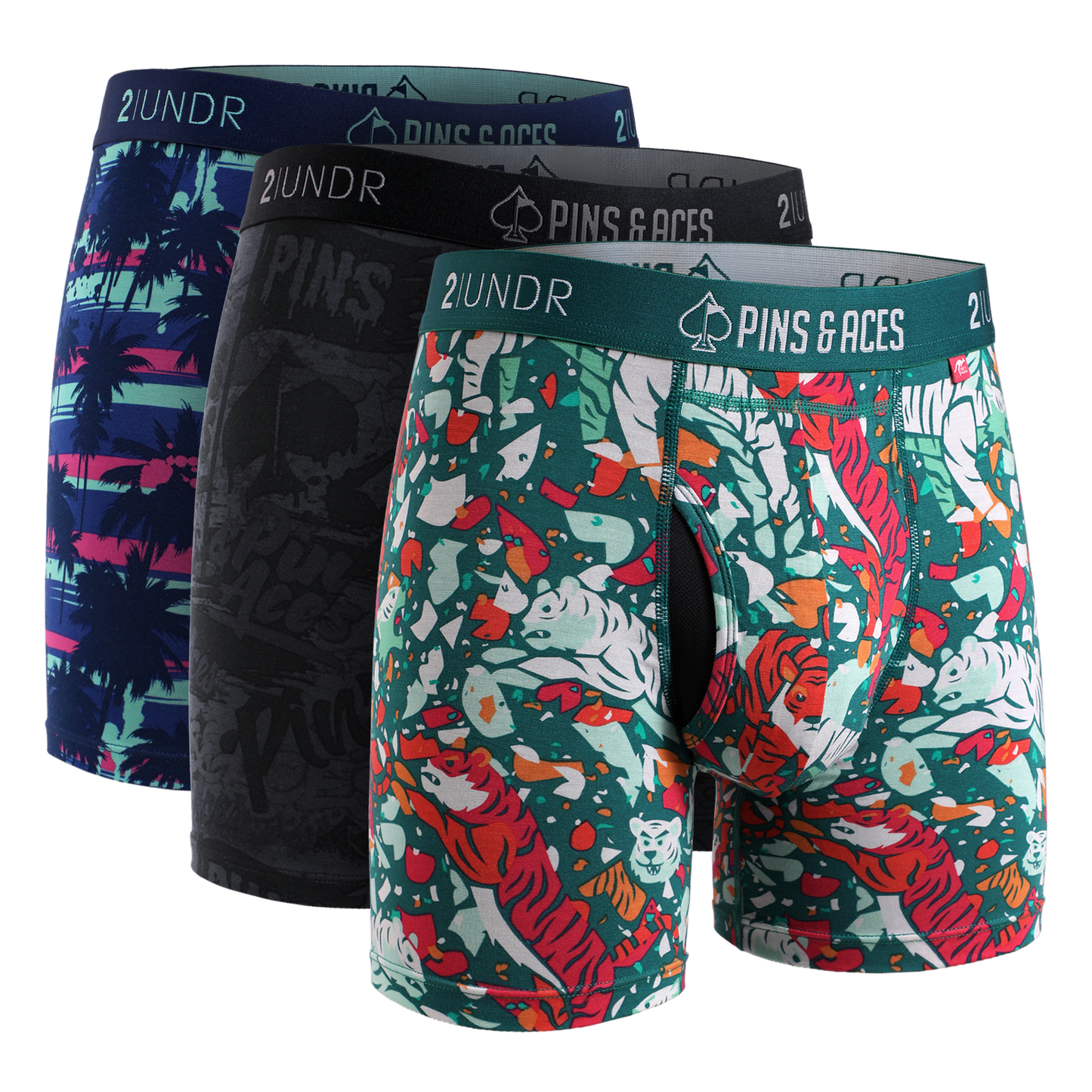 2UNDR x P&A Swing Shift 6'' Box Briefs (3 Pack)- Graffiti Splatter, Tiger Shatter & Palm Drip