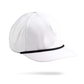 White golf cap with black cord detail, sleek and bold design for standout golf style.