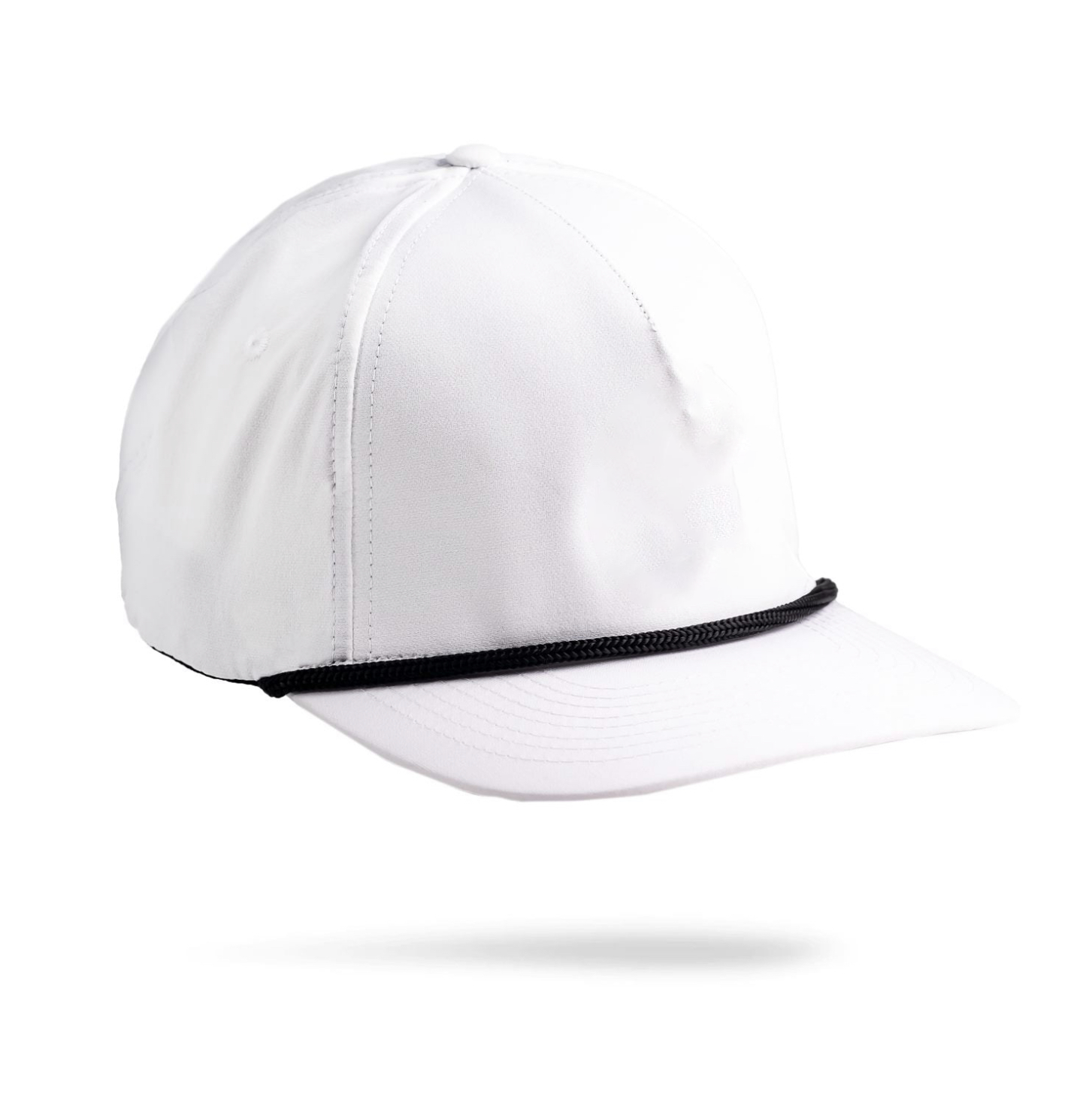 White golf cap with black cord detail, sleek and bold design for standout golf style.