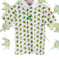 Youth polo shirt featuring a vibrant all-over print of Teenage Mutant Ninja Turtles in a classic 8-bit style.