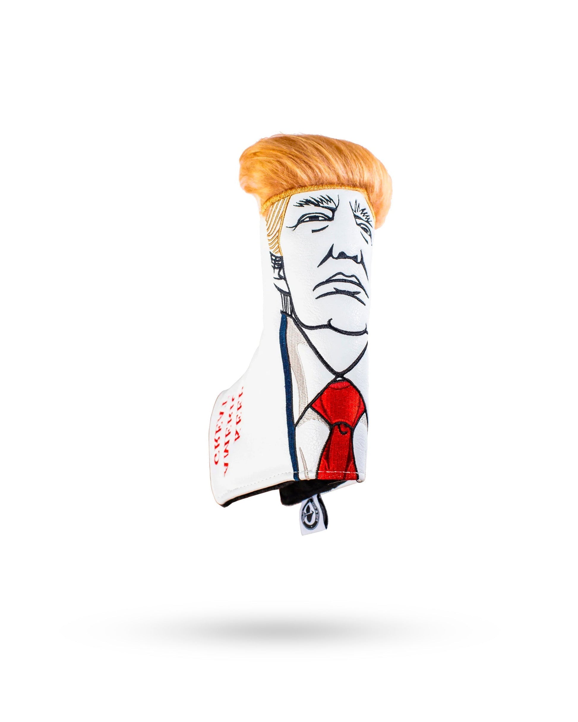 Bold putter cover featuring a caricature of a man with distinctive hair and a suit, designed to make a statement on the golf course.