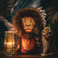 Lion driver cover for golf clubs, featuring realistic lion head design in vibrant colors.