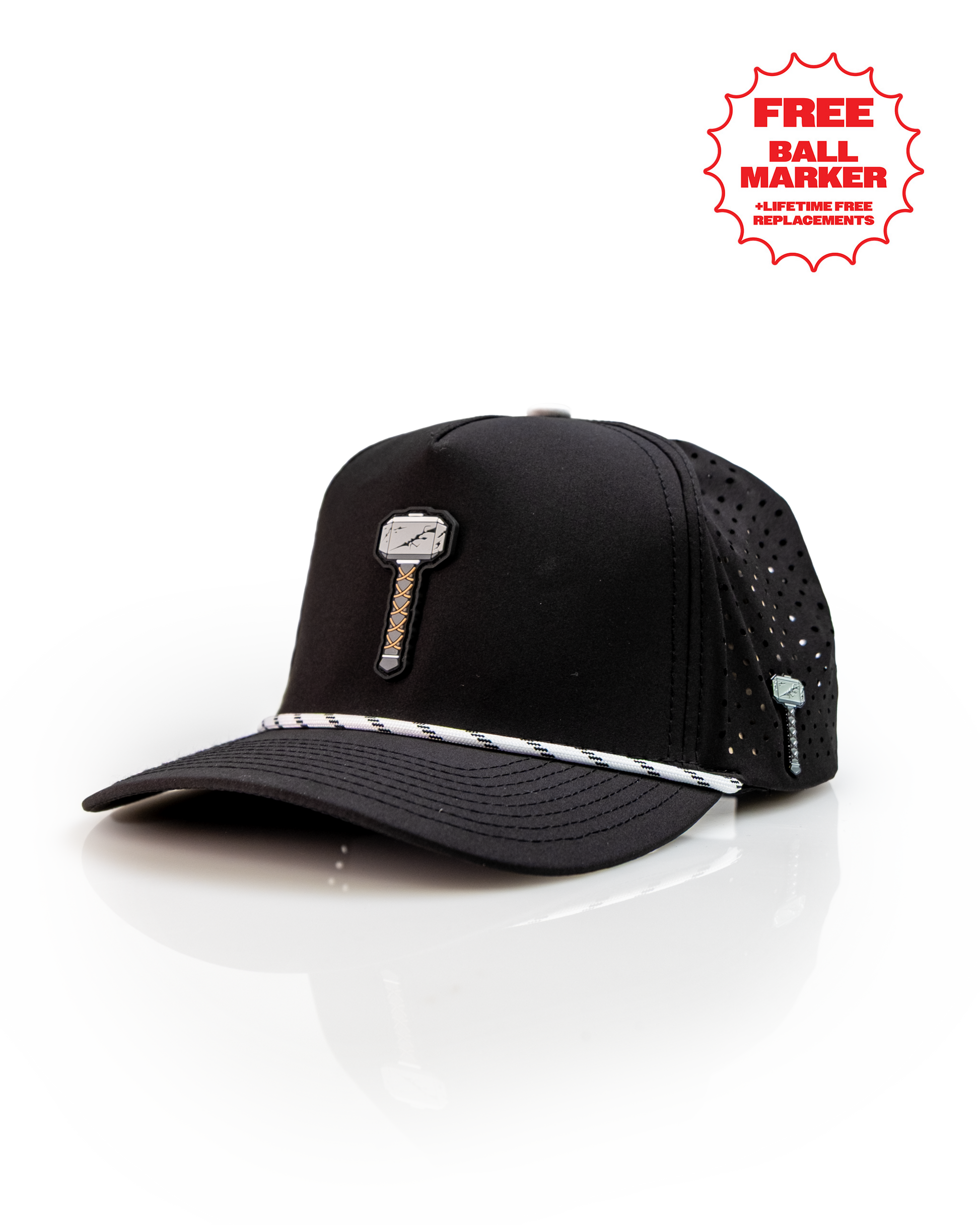 Black perforated rope hat featuring Thor's Hammer design, perfect for stylish golfers seeking standout accessories.