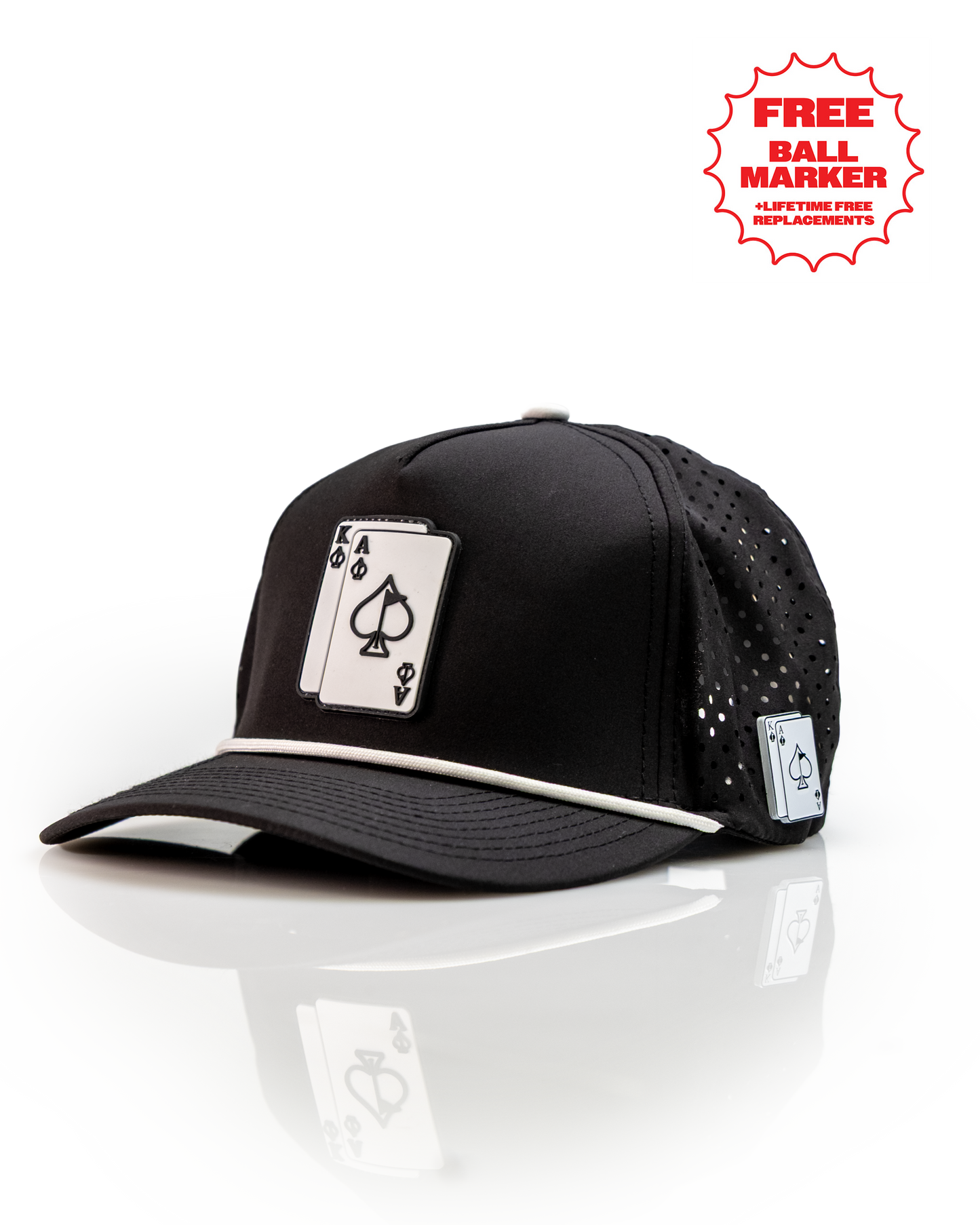 Black perforated rope hat featuring Ace and King playing card designs, perfect for stylish golfers. Includes free ball marker.