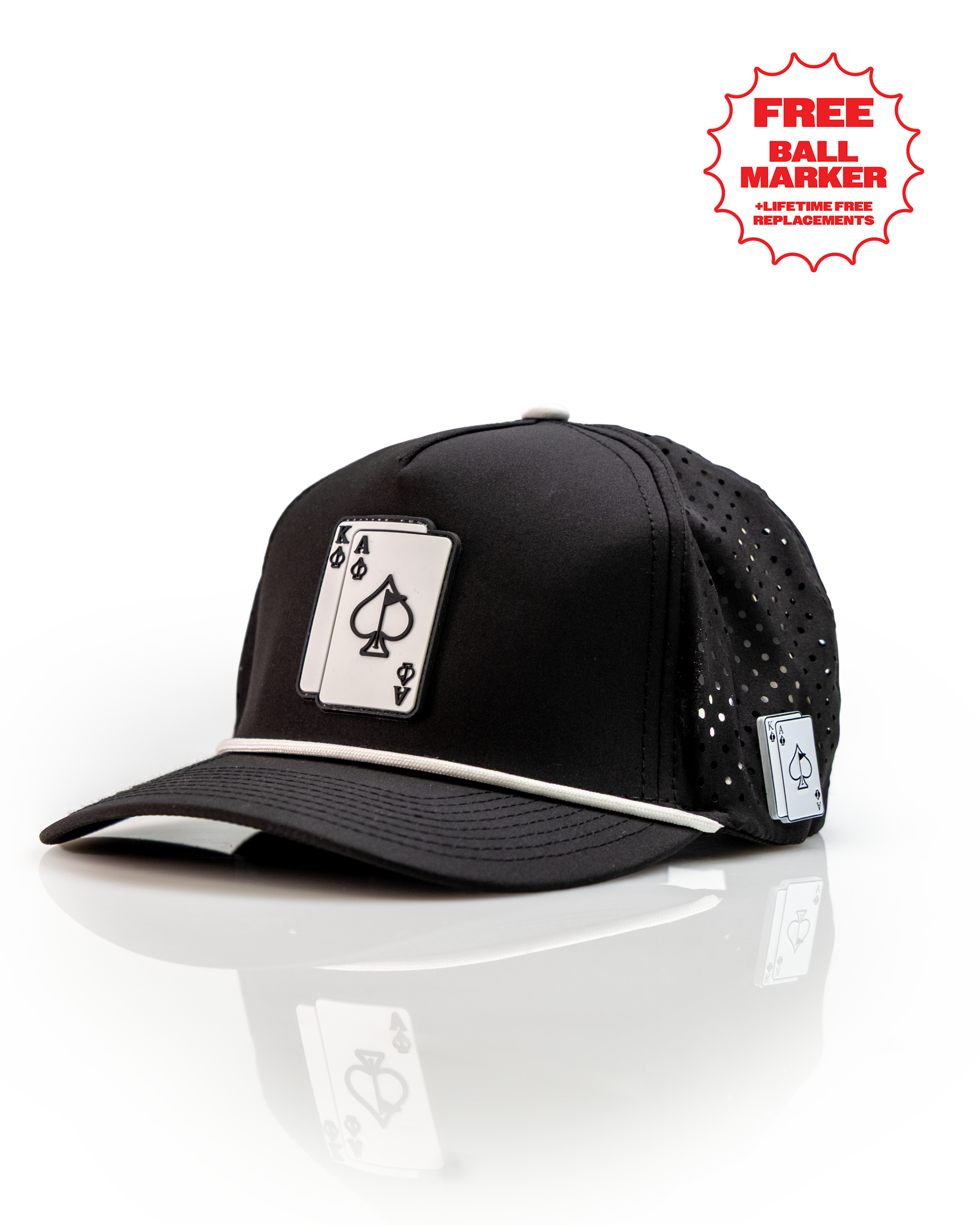 Black perforated rope hat featuring Ace and King playing card designs, perfect for stylish golfers. Includes free ball marker.