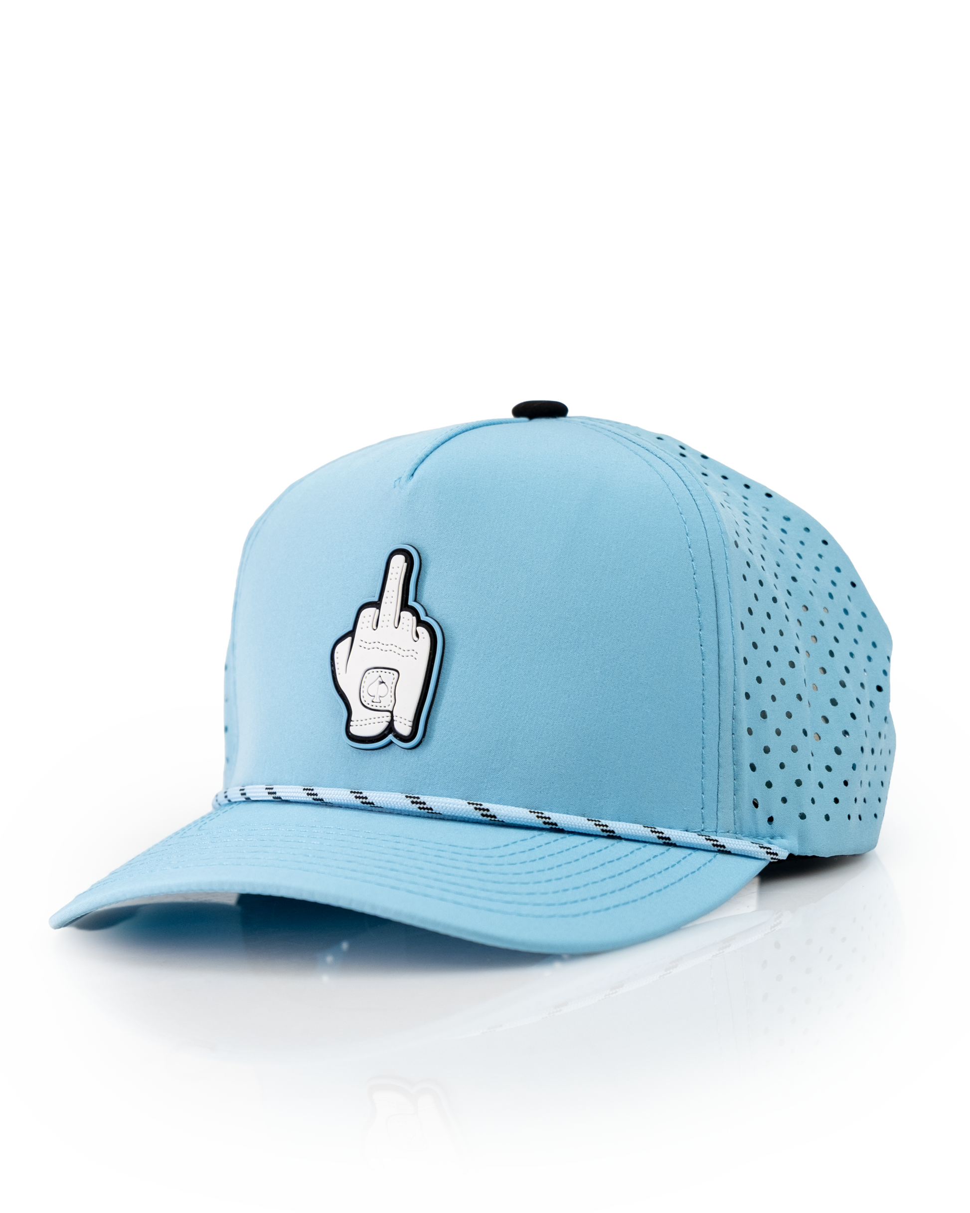 Baby blue perforated rope hat featuring a middle finger graphic, perfect for bold golfers wanting to stand out.