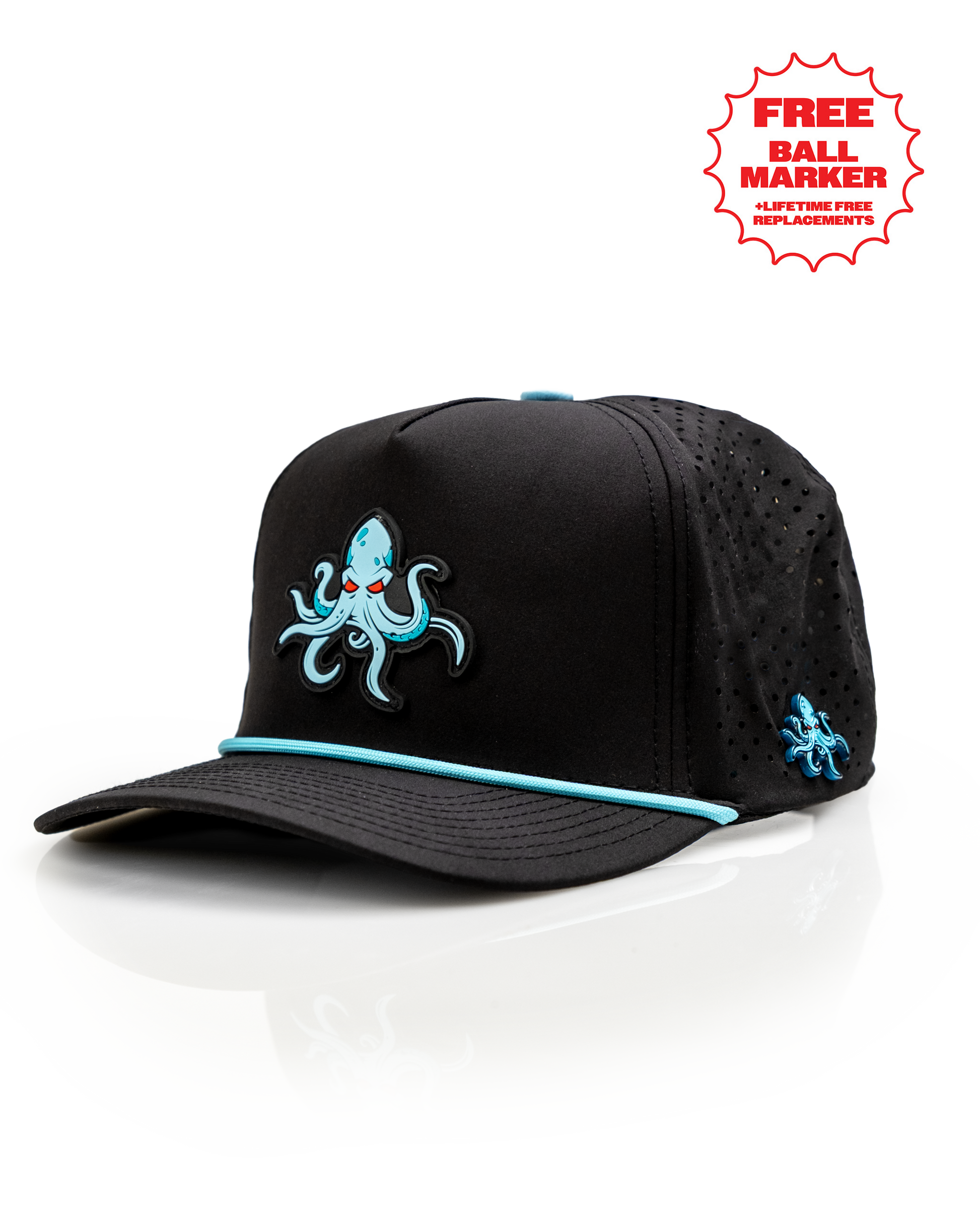 Kraken Black perforated rope hat featuring an octopus design and a contrasting blue accent for a bold golf look.
