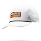 Perforated retro orange rope hat with white accents.