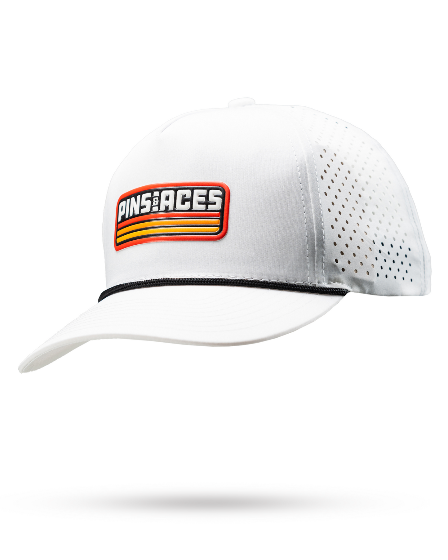 Perforated retro orange rope hat with white accents.