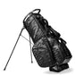 Player Preferred Golf Bag in black camo features a sleek design with multiple pockets and a sturdy stand for golfers.