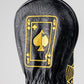 Black and gold Queen of Spades fairway cover with a sleek design and embroidered card symbol.
