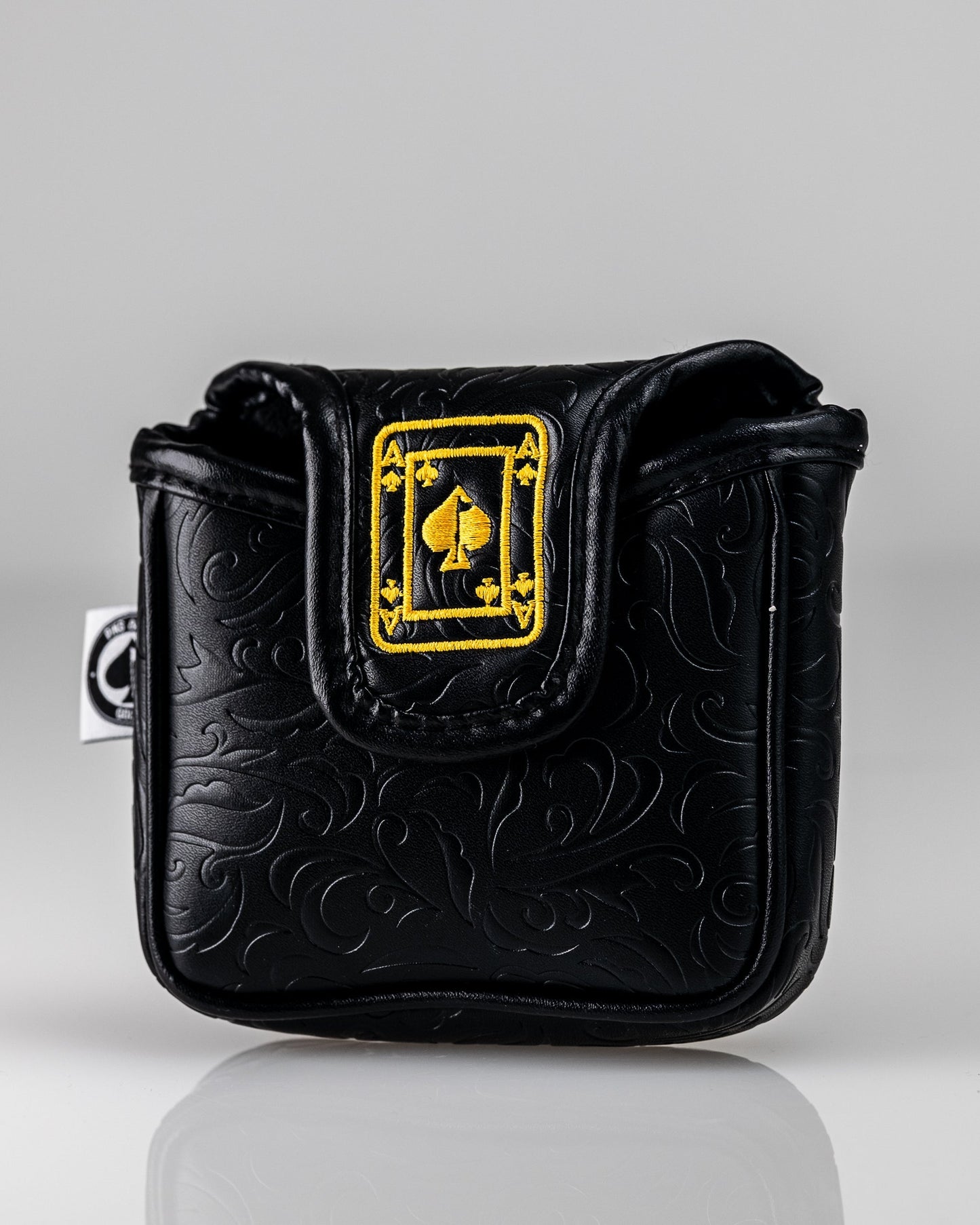 Black and gold Ace of Spades mallet putter cover with a sleek design, featuring intricate detailing and a secure fit for golf clubs.