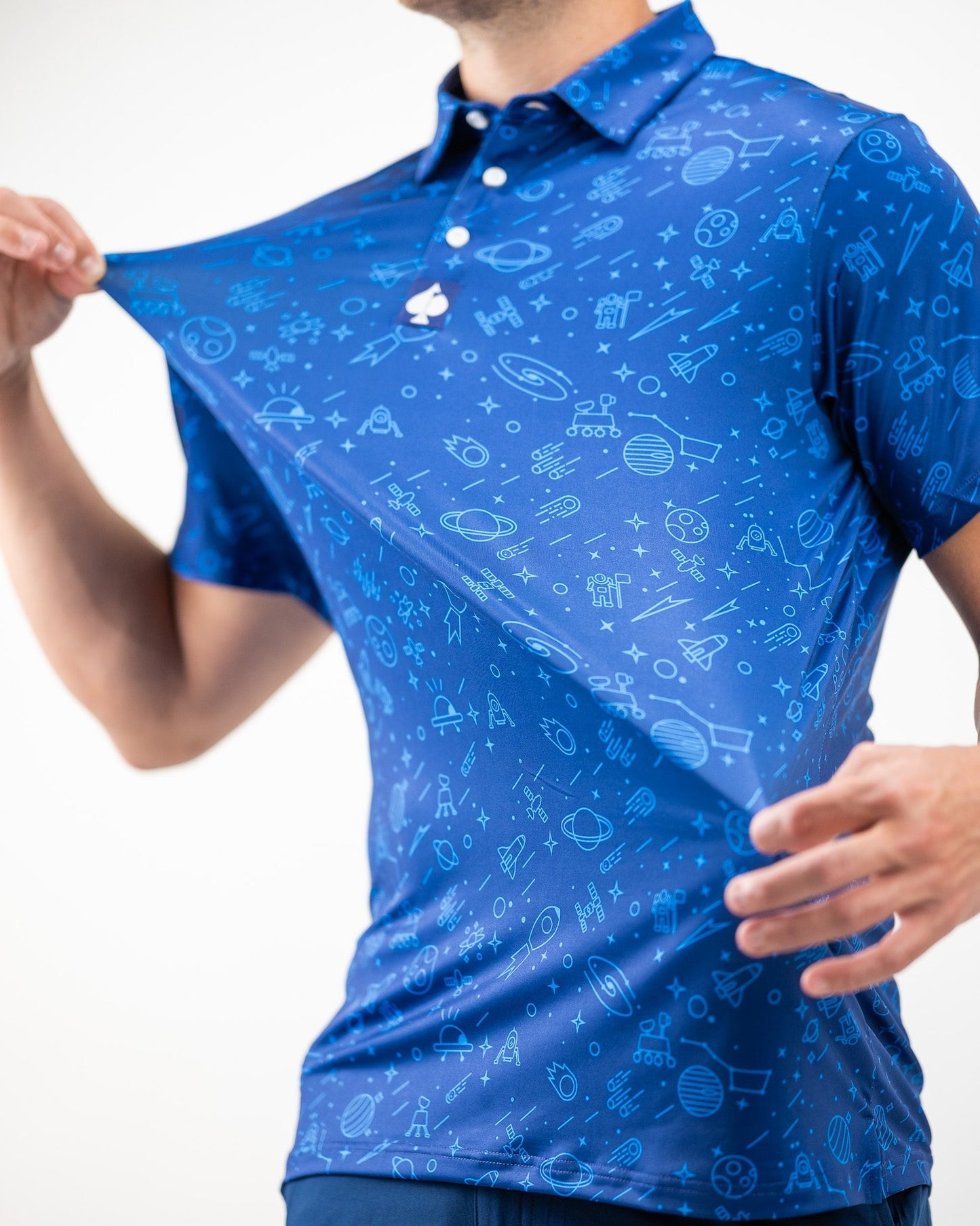 Navy NASA polo shirt featuring the iconic NASA logo on the left chest and a modern athletic cut.