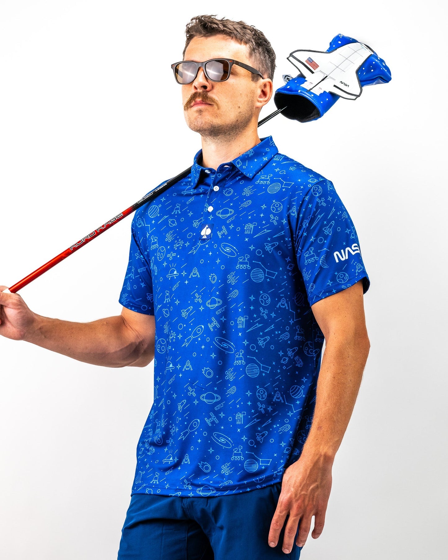 NASA polo shirt in navy blue with a classic collar and embroidered NASA logo on the chest, displayed on a neutral background.
