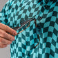 Bold wavy checkered golf polo in teal and black, featuring a stylish collar and a golfer holding sunglasses.