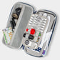 Gray glove and accessory caddie with multiple compartments, featuring an open design and decorative props.