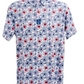 Hibiscus Harmony polo shirt featuring a vibrant floral pattern in red and blue on a white background.