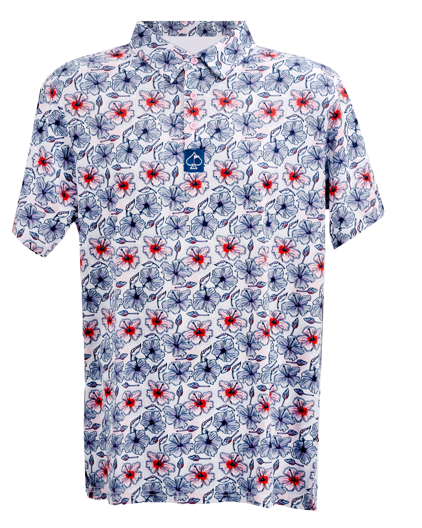 Hibiscus Harmony polo shirt featuring a vibrant floral pattern in red and blue on a white background.