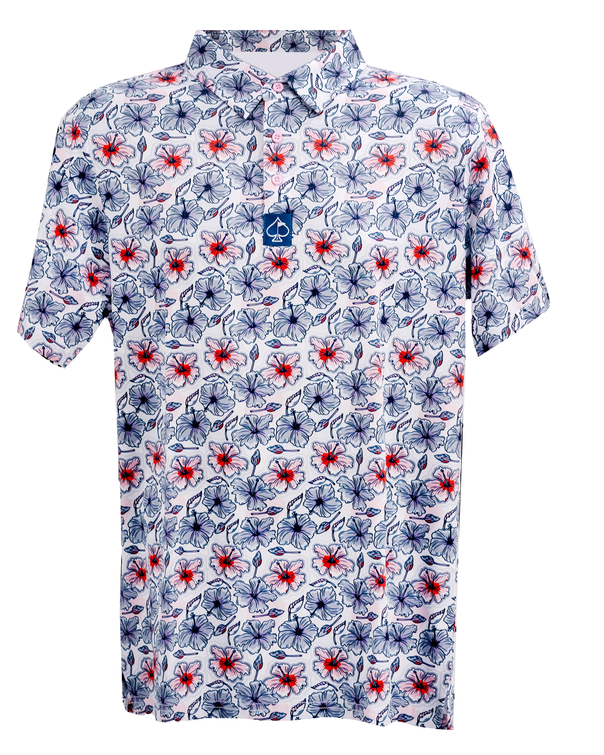 Hibiscus Harmony polo shirt featuring a vibrant floral pattern in red and blue on a white background.
