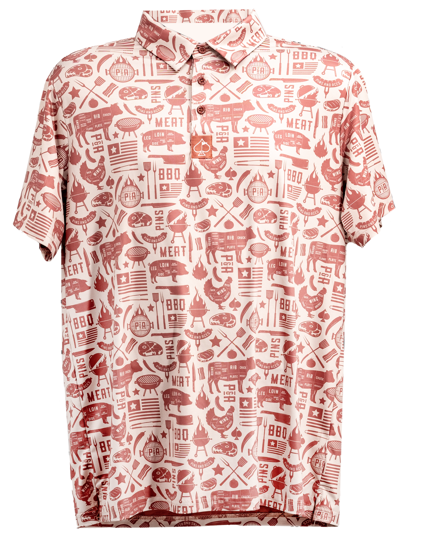 Pitmaster graphic polo shirt featuring a barbecue design and vibrant colors.