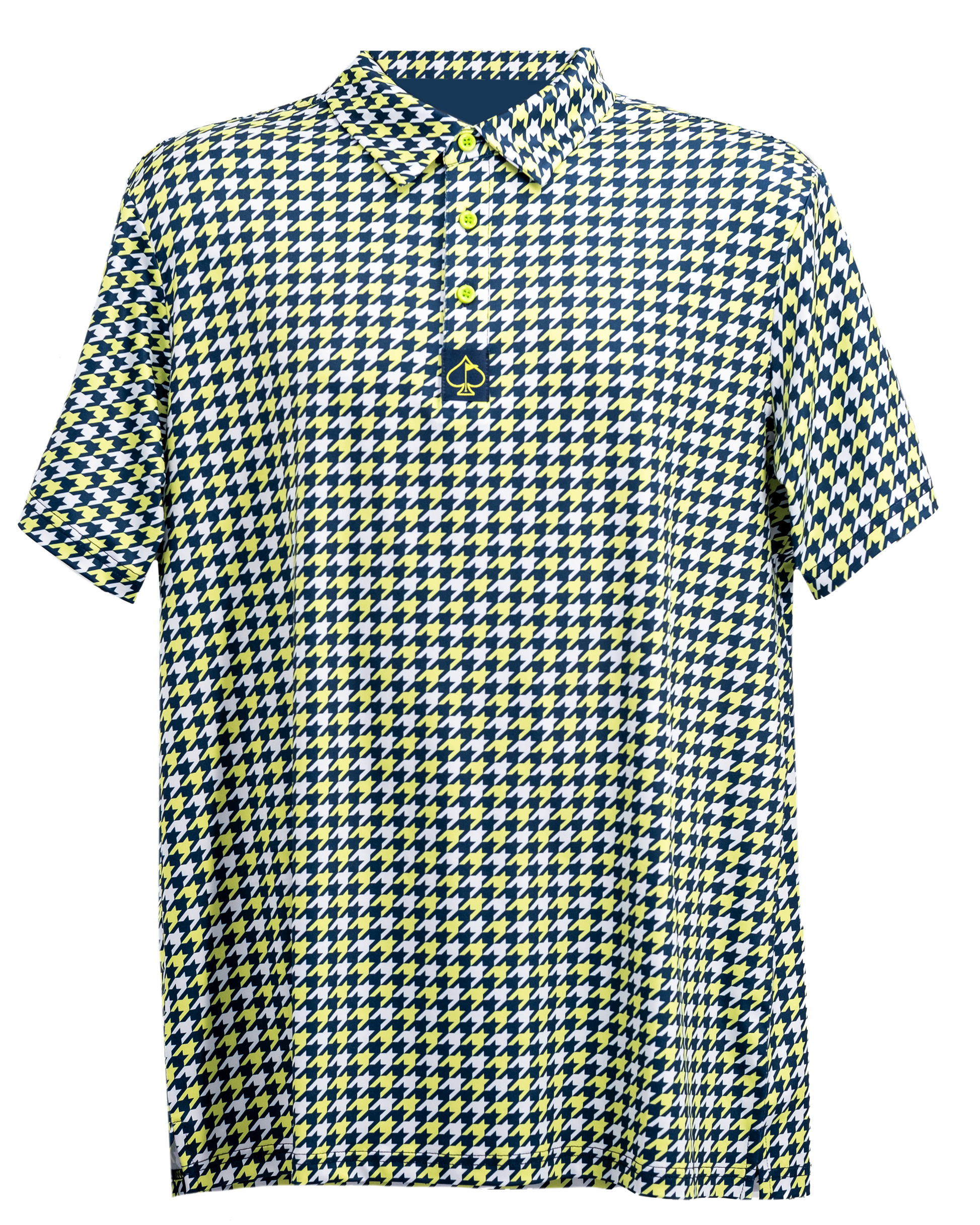 Houndstooth pattern polo shirt in lime green color displayed against a white background.