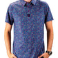 Men's short-sleeve polo shirt featuring a vibrant lavender floral pattern, perfect for stylish golf outings.