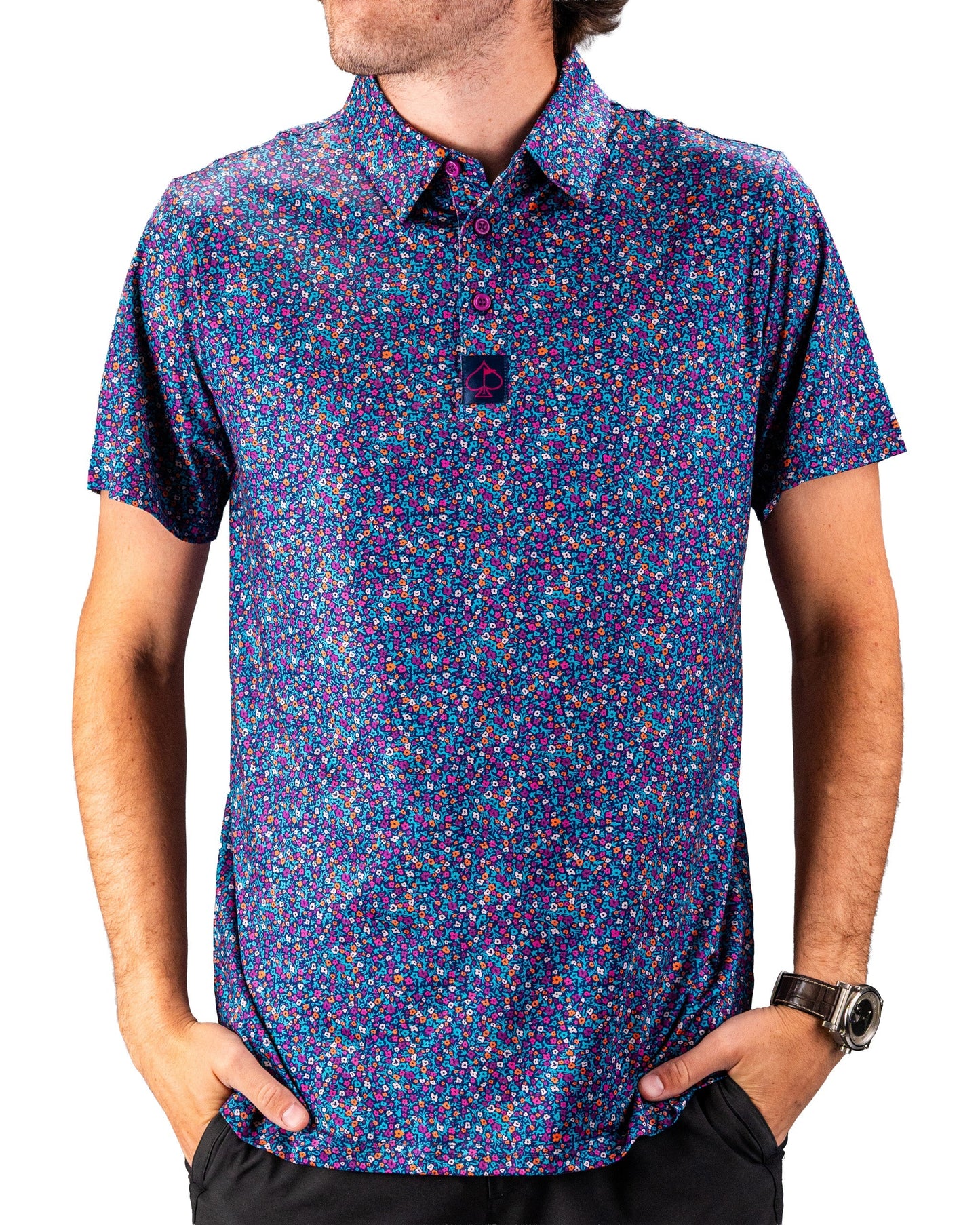 Men's short-sleeve polo shirt featuring a vibrant lavender floral pattern, perfect for stylish golf outings.