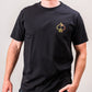 Half&Half tee shirt displayed on a model outdoors, featuring a divided color design in shades of black and white, with casual styling suitable for everyday wear.
