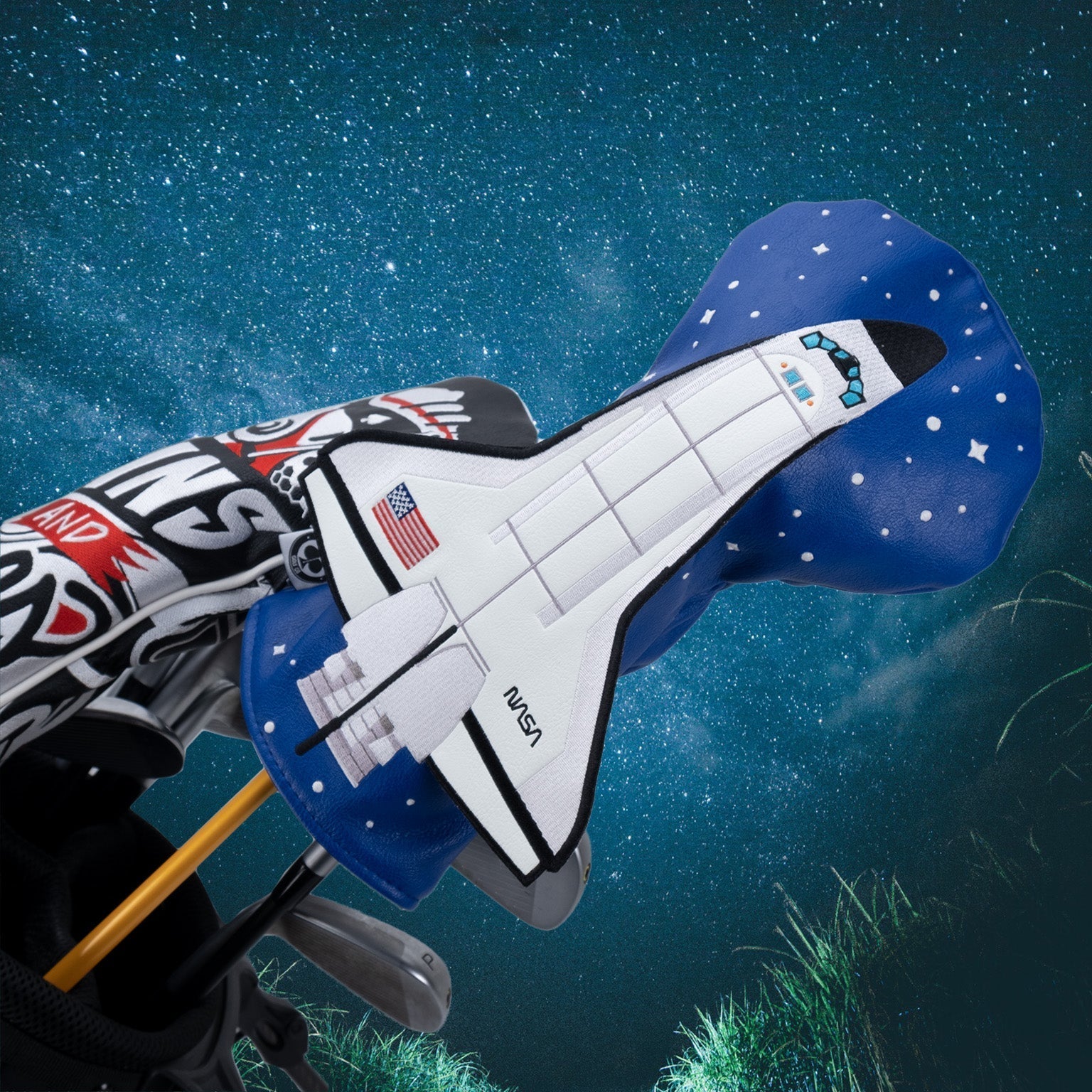 NASA Space Shuttle driver cover featuring a detailed graphic of the Space Shuttle, designed for automotive use, showcasing vibrant colors and NASA branding.