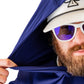 Navy performance golf hoodie with a man adjusting the hood, wearing sunglasses and a golf cap.