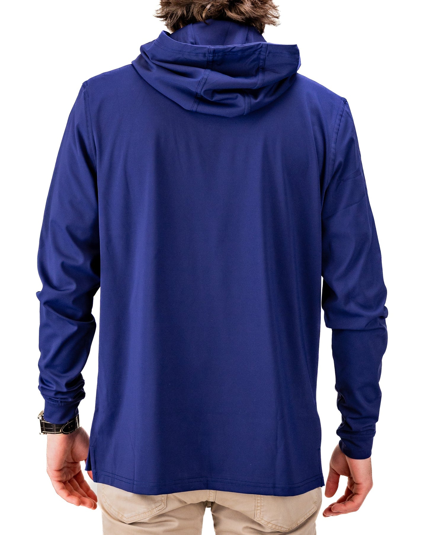 Navy performance golf hoodie featuring a relaxed fit and adjustable hood, ideal for stylish comfort on the course.