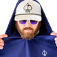 Navy performance golf hoodie worn by a man adjusting the hood, featuring a logo and stylish sunglasses.