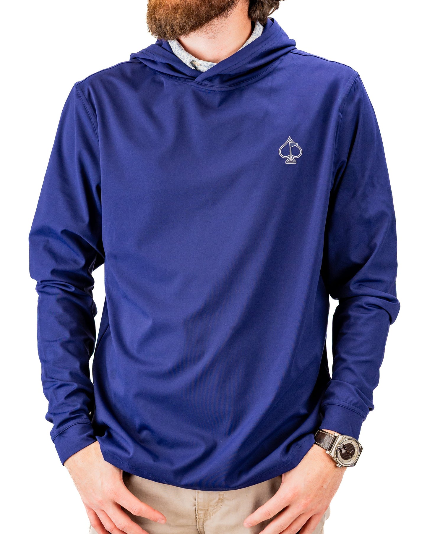 Navy performance golf hoodie featuring a logo on the chest, designed for comfort and style on the course.