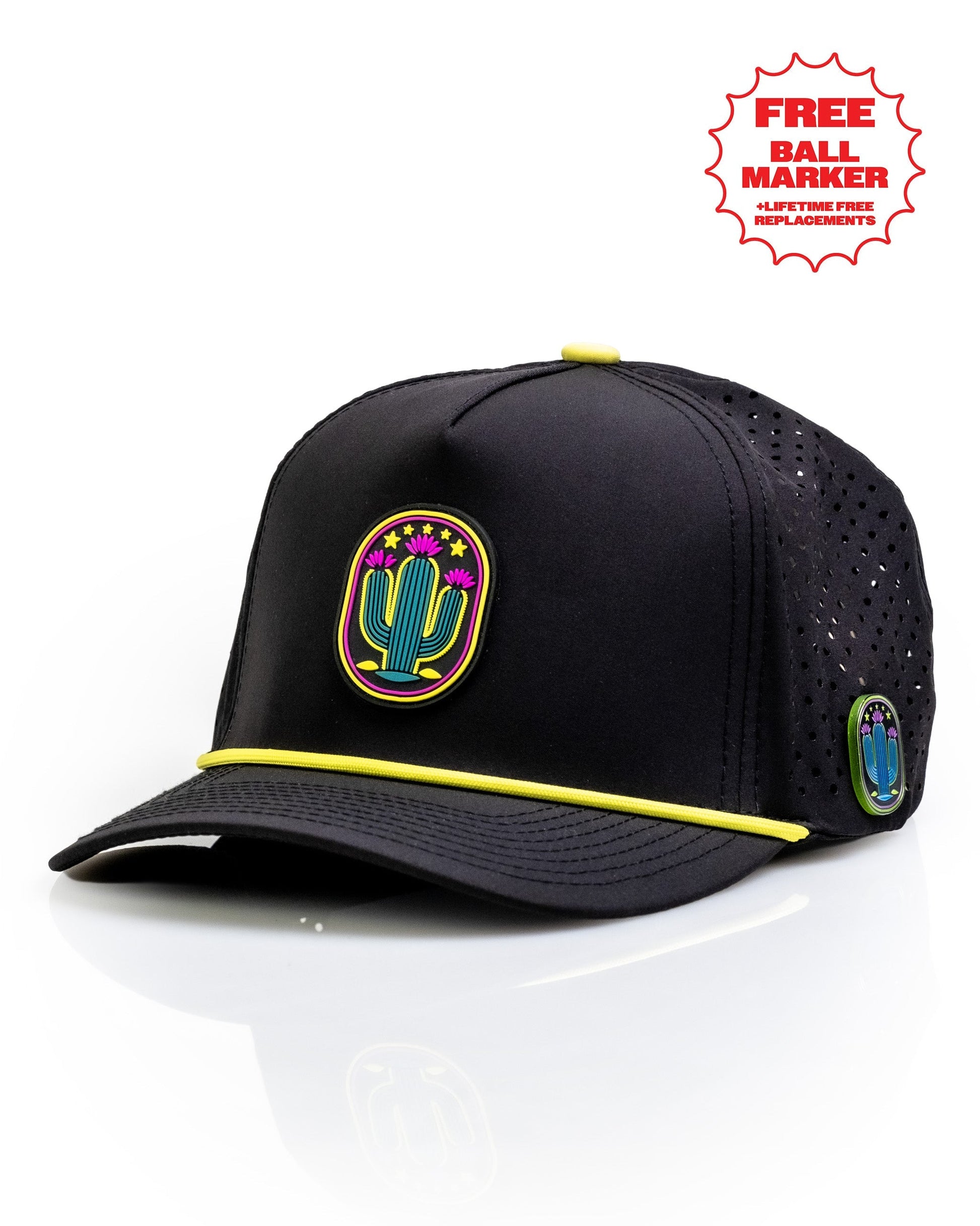 Black perforated rope hat featuring a colorful cactus logo and yellow accents, ideal for stylish golfers.
