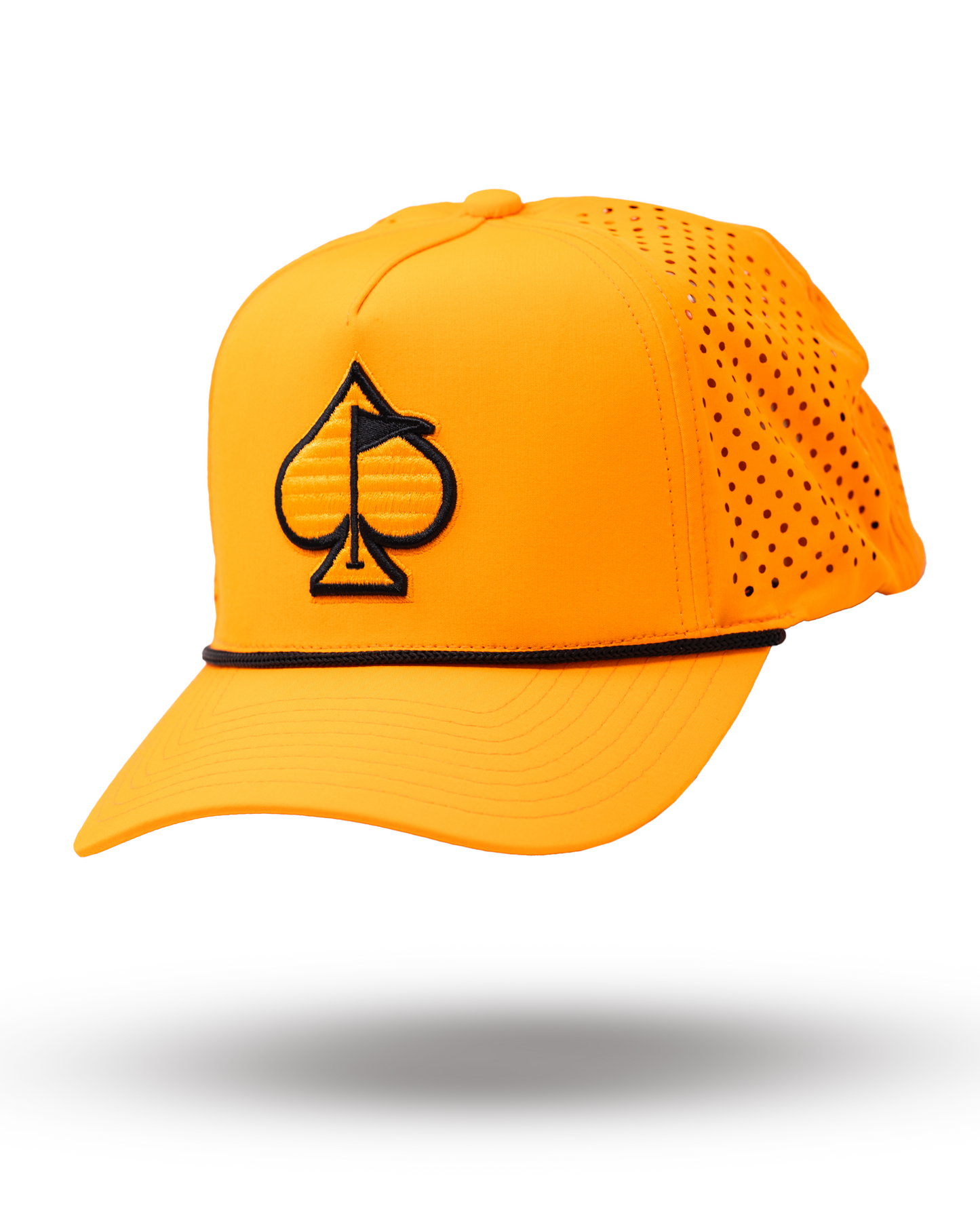 Perforated rope hat in highlighter orange with contrasting white accents.