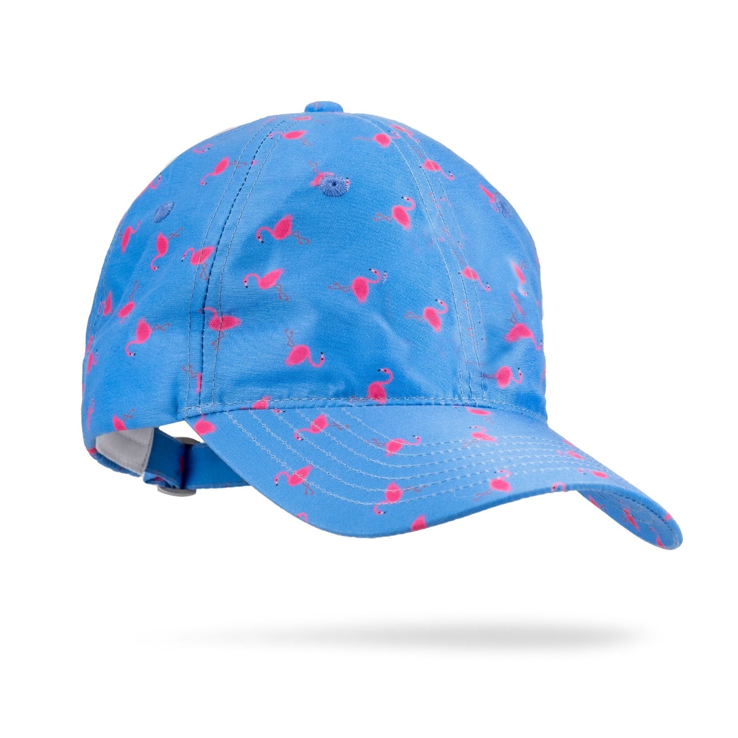 Blue golf cap with pink flamingo pattern, curved brim, and adjustable strap for golfers who want bold, fun style.