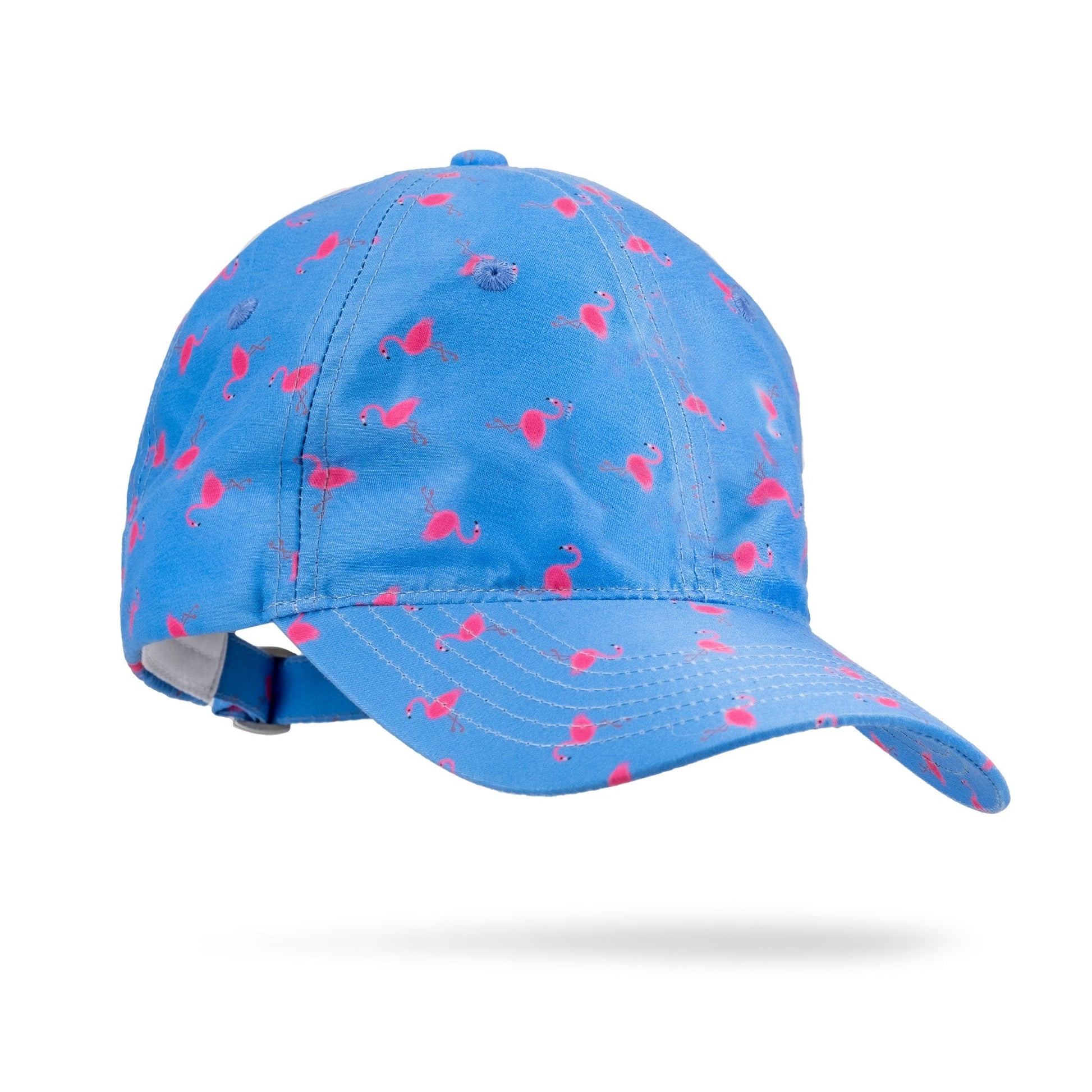 Blue golf cap with pink flamingo pattern, curved brim, and adjustable strap for golfers who want bold, fun style.